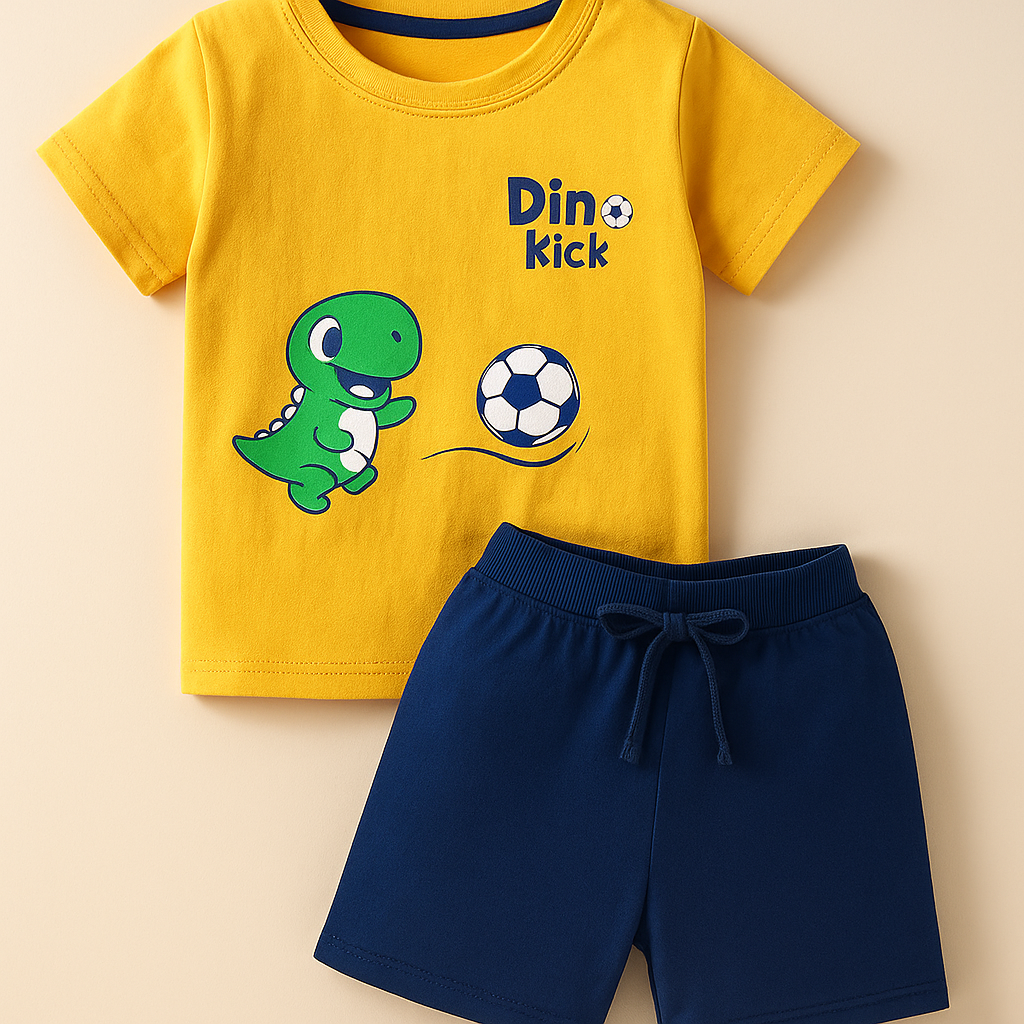 Boys Yellow Cotton Interlock Half Sleeve T-Shirt & Shorts Set – Dinosaur Design