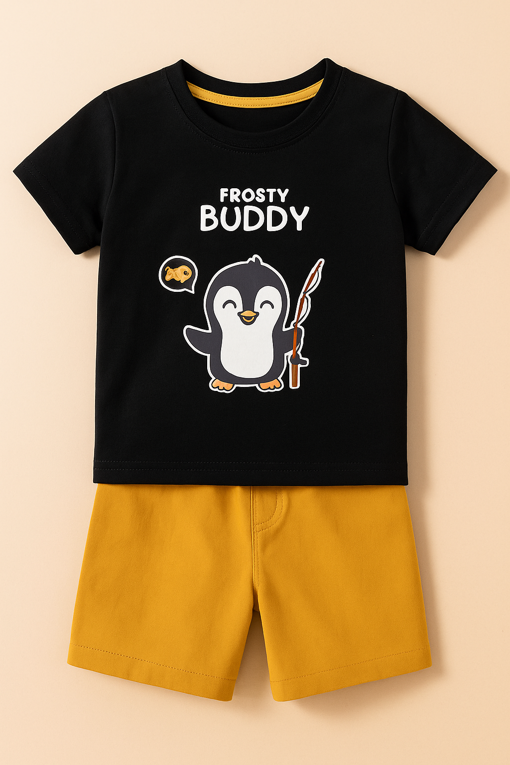 Boys Black Cotton Interlock Half Sleeve T-Shirt & Shorts Set – Penguin Design