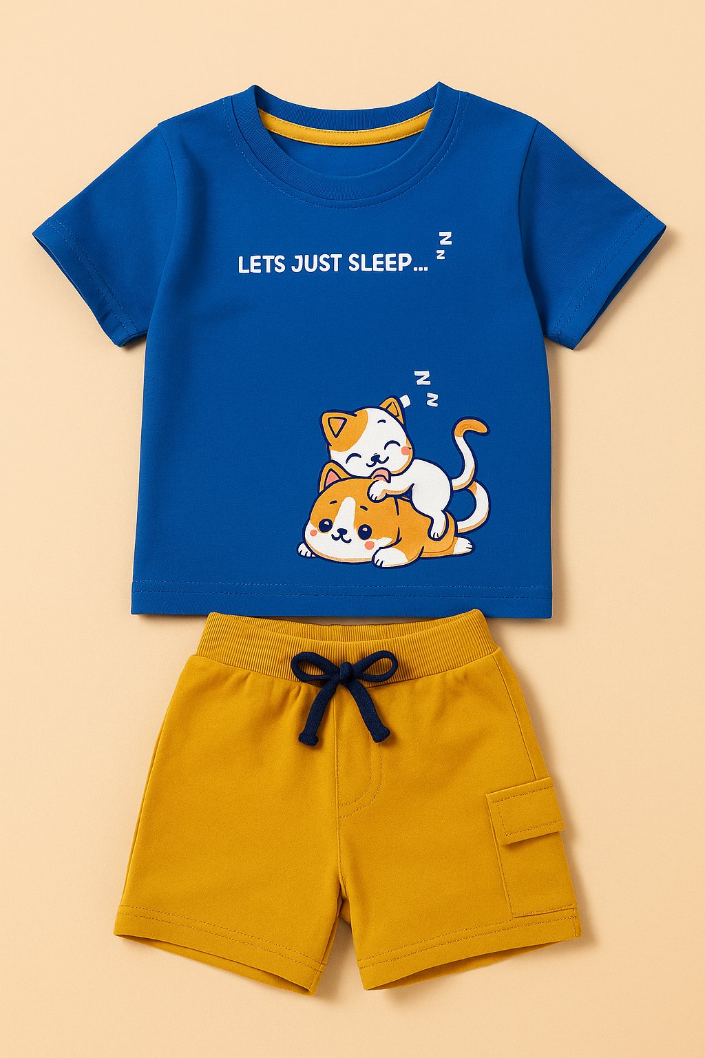 Boys Half Sleeve Cat Print Cotton T-Shirt with Flap Pocket – Blue