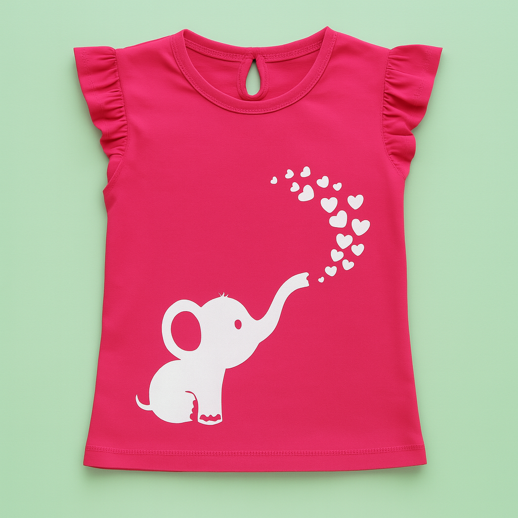 Girls Soft Cotton Interlock Frill Sleeve T-Shirt – Pink with Elephant Graphic