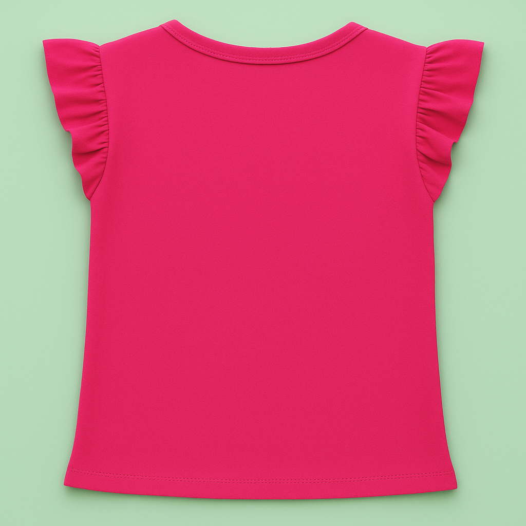 Girls Soft Cotton Interlock Frill Sleeve T-Shirt – Pink with Elephant Graphic