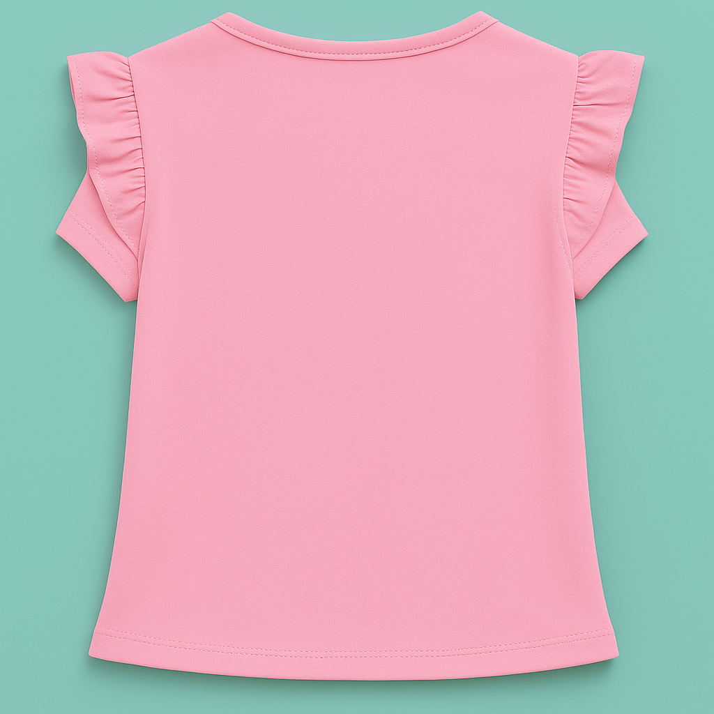 Girls Soft Cotton Interlock Ruffle Sleeve T-Shirt – Light Pink with Bunny Graphic