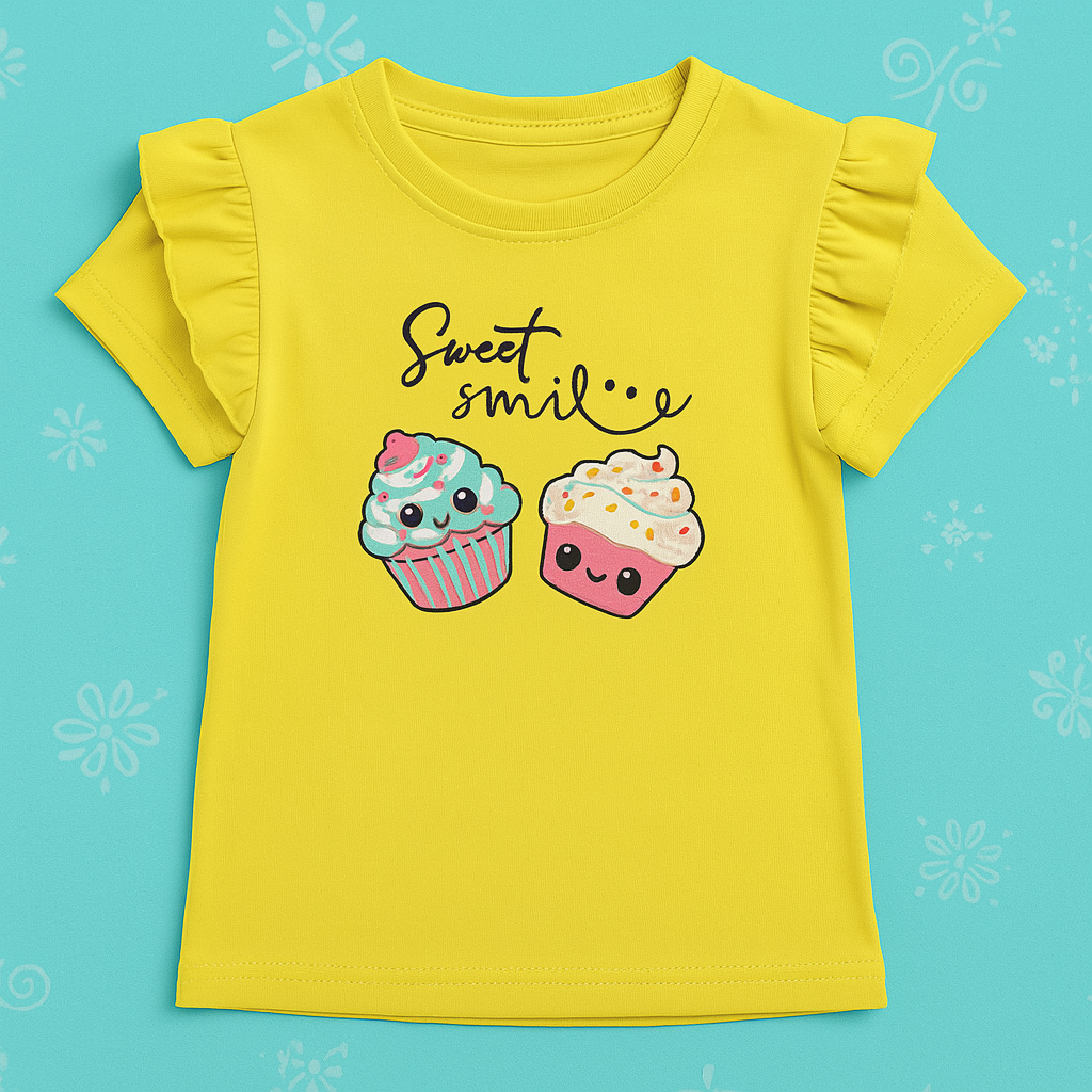 Girls Soft Cotton Interlock Ruffle Sleeve T-Shirt – Yellow with Dessert Graphic
