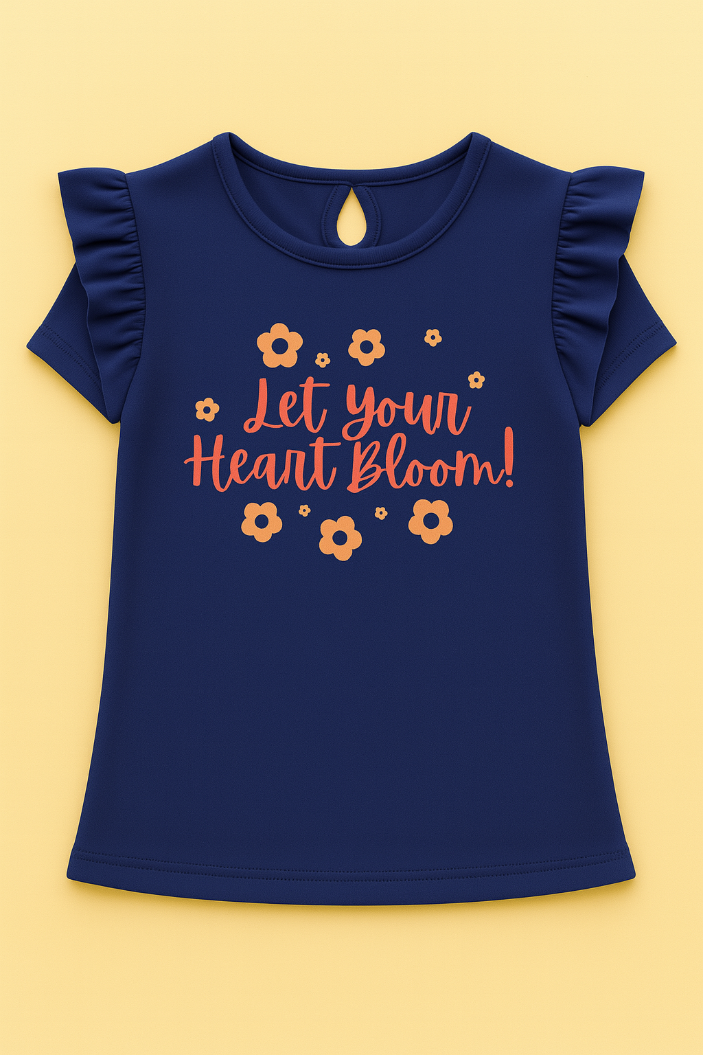 Girls Soft Cotton Interlock Ruffle Sleeve T-Shirt – Navy Blue with Floral