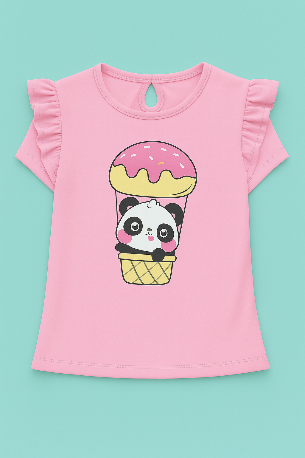 Girls Light Pink & Yellow Cotton Interlock Ruffle Sleeve T-Shirt & Pant Set – Panda Bear Design