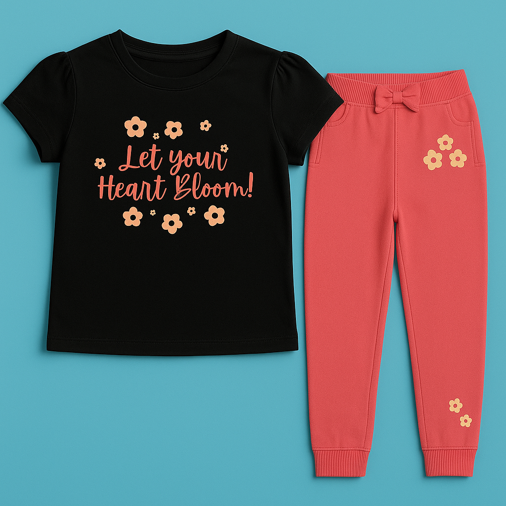 Girls Black & Light Pink Cotton Interlock Puff Sleeve T-Shirt & Pant Set – Floral Design