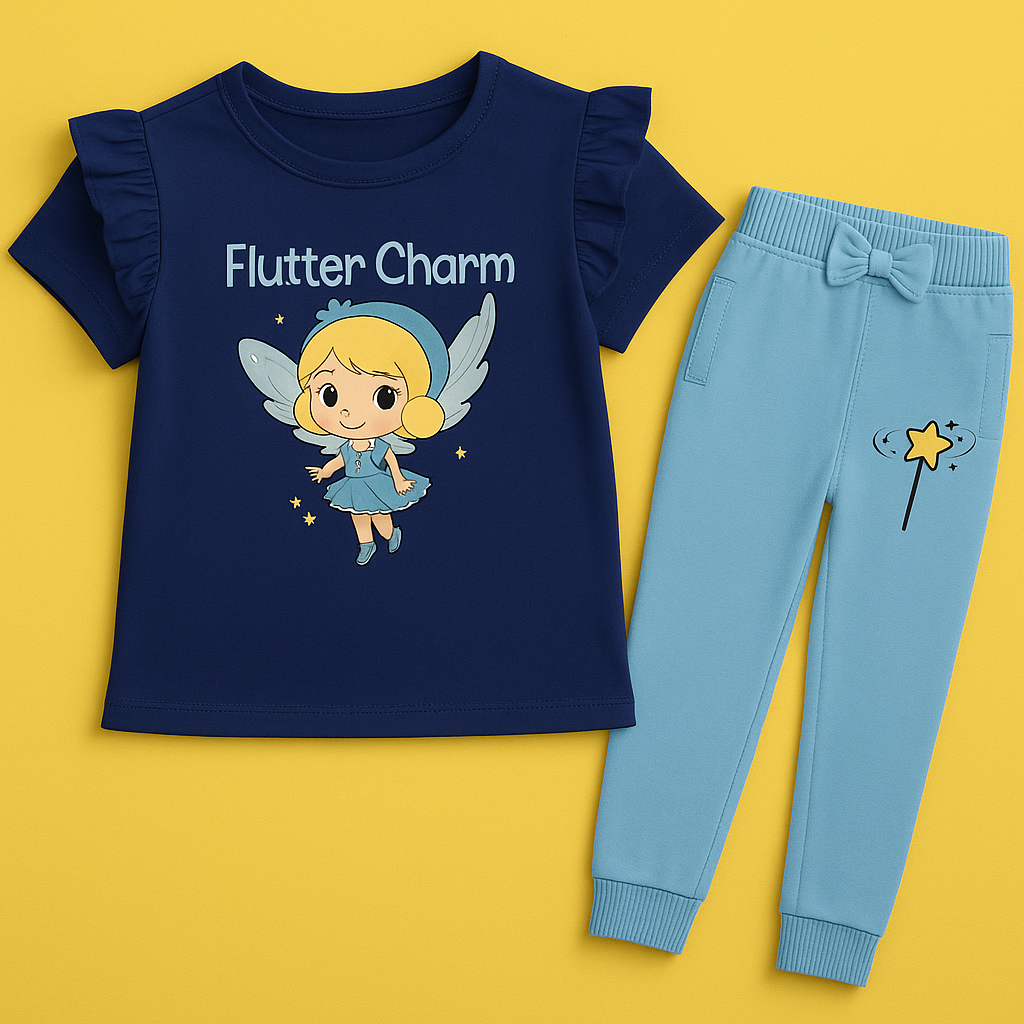 Girls Navy Blue & Light Blue Cotton Interlock Ruffle Sleeve T-Shirt & Pant Set – Fairy Design