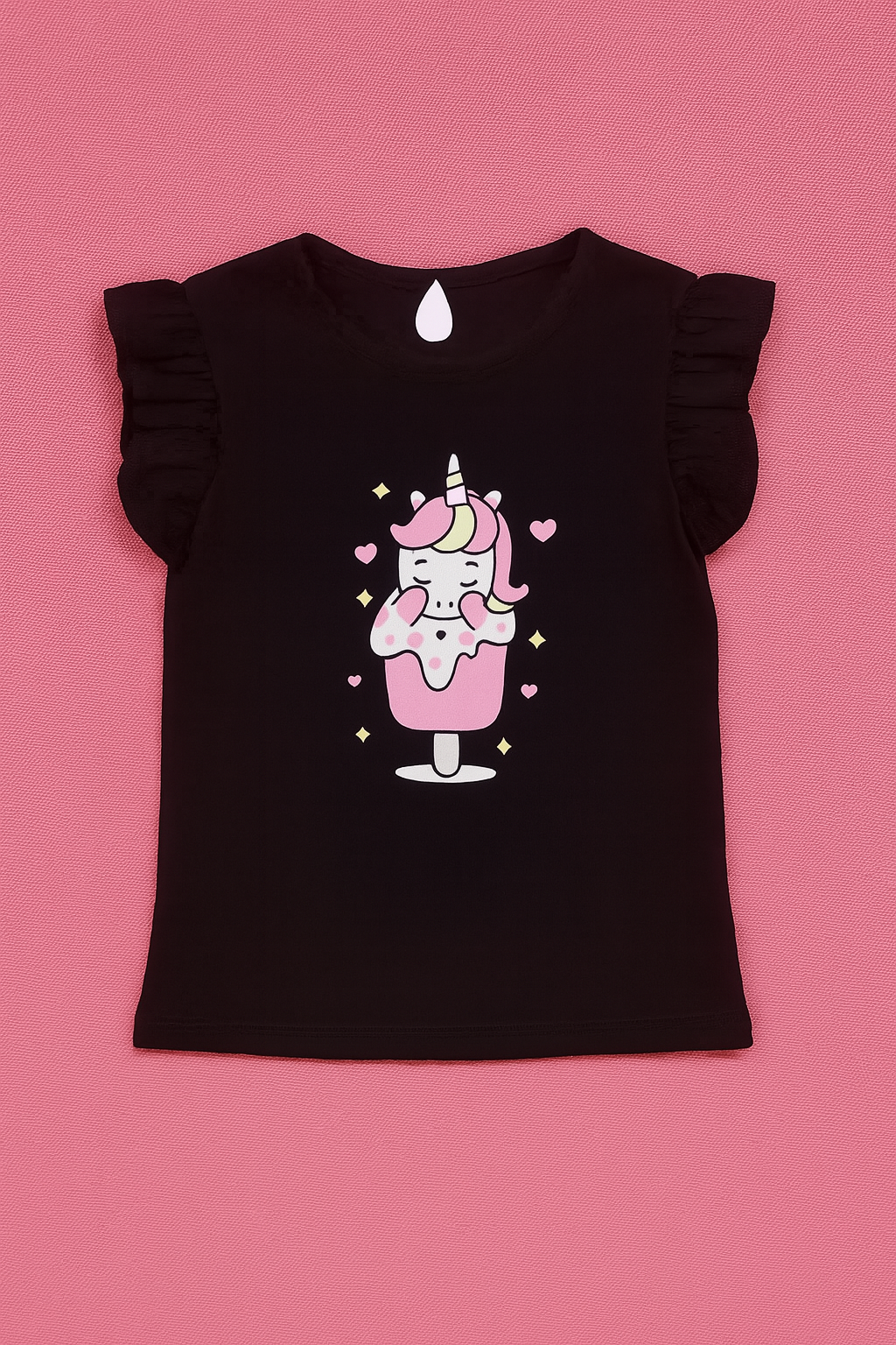 Girls Light Pink & Black Cotton Interlock Frill Sleeve T-Shirt & Pant Set – Unicorn Design