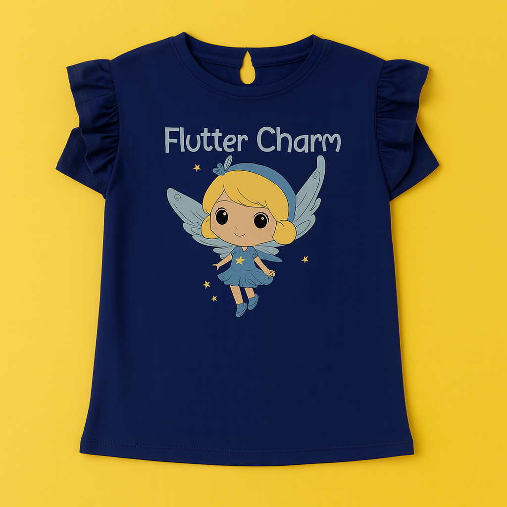 Girls Navy Blue & Light Blue Cotton Interlock Ruffle Sleeve T-Shirt & Pant Set – Fairy Design