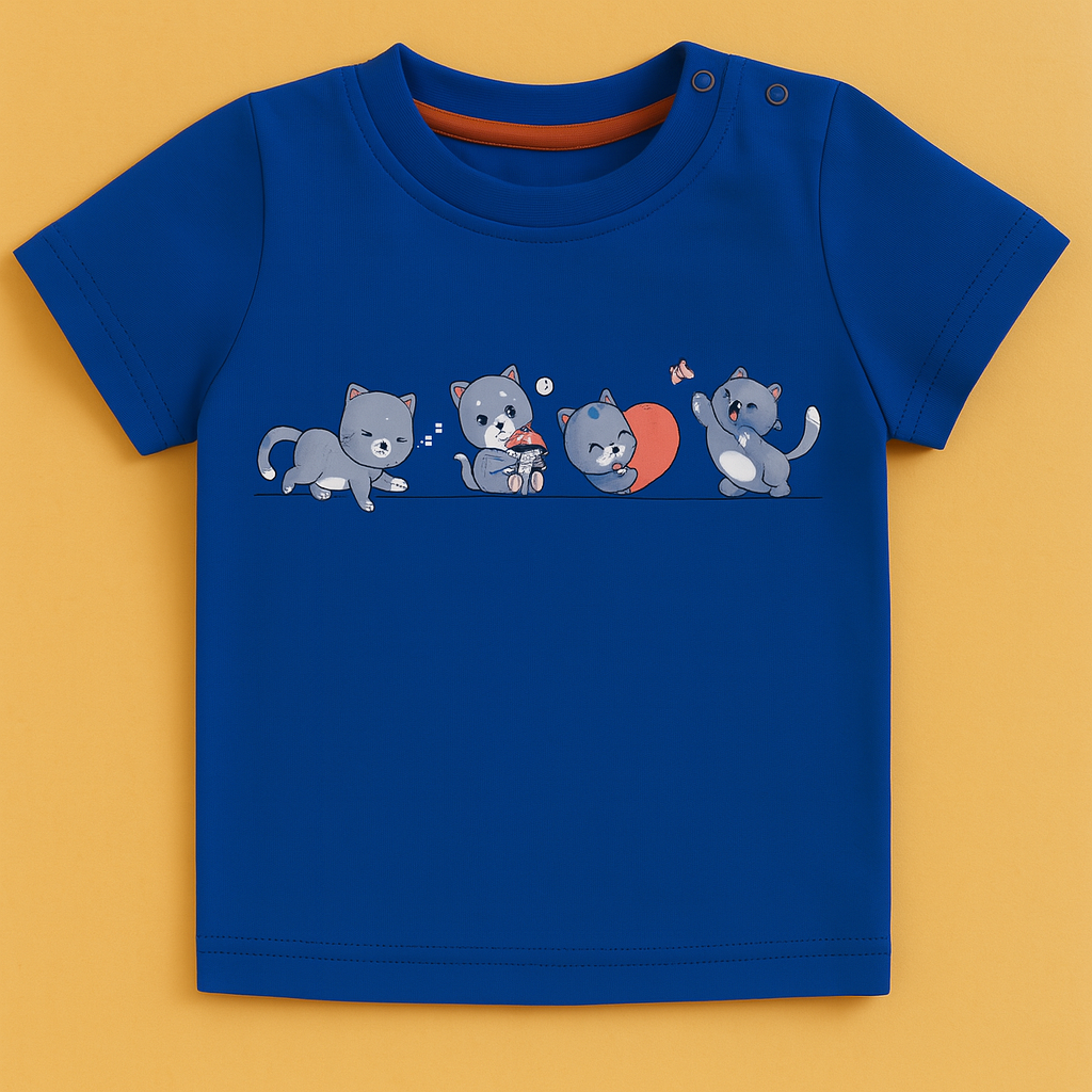Boys Blue Cotton Interlock Half Sleeve T-Shirt – Cat Design