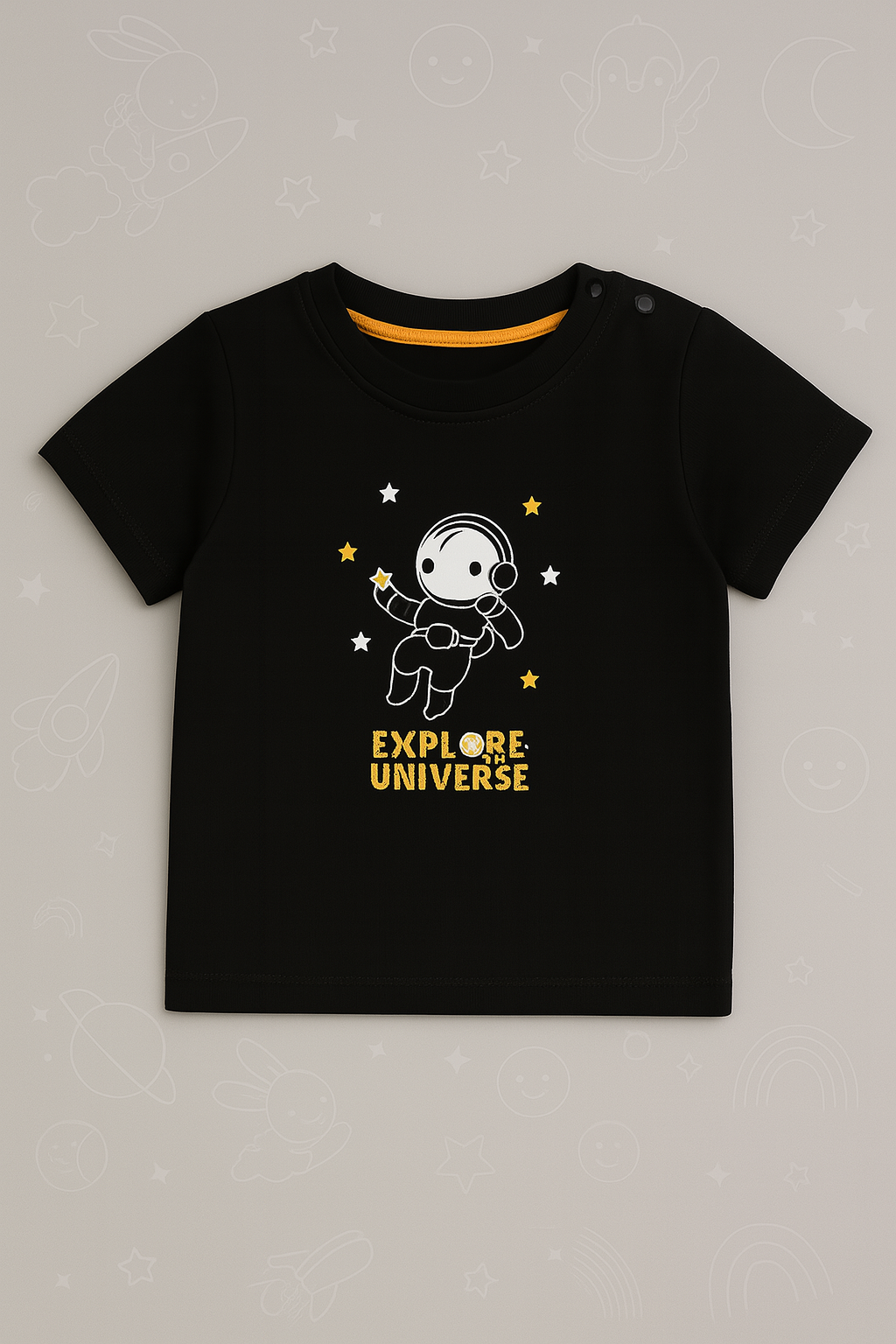 Boys Black Cotton Interlock Half Sleeve T-Shirt – Astronaut Design