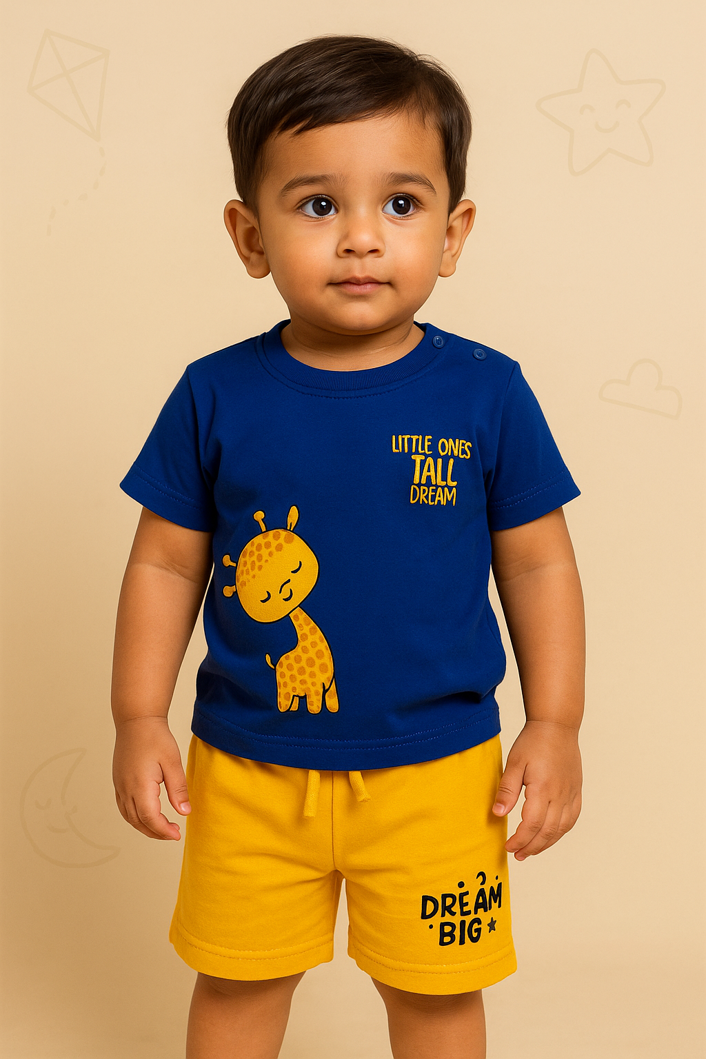 Boys Navy Blue Cotton Interlock Half Sleeve T-Shirt & Shorts Set – Giraffe Design