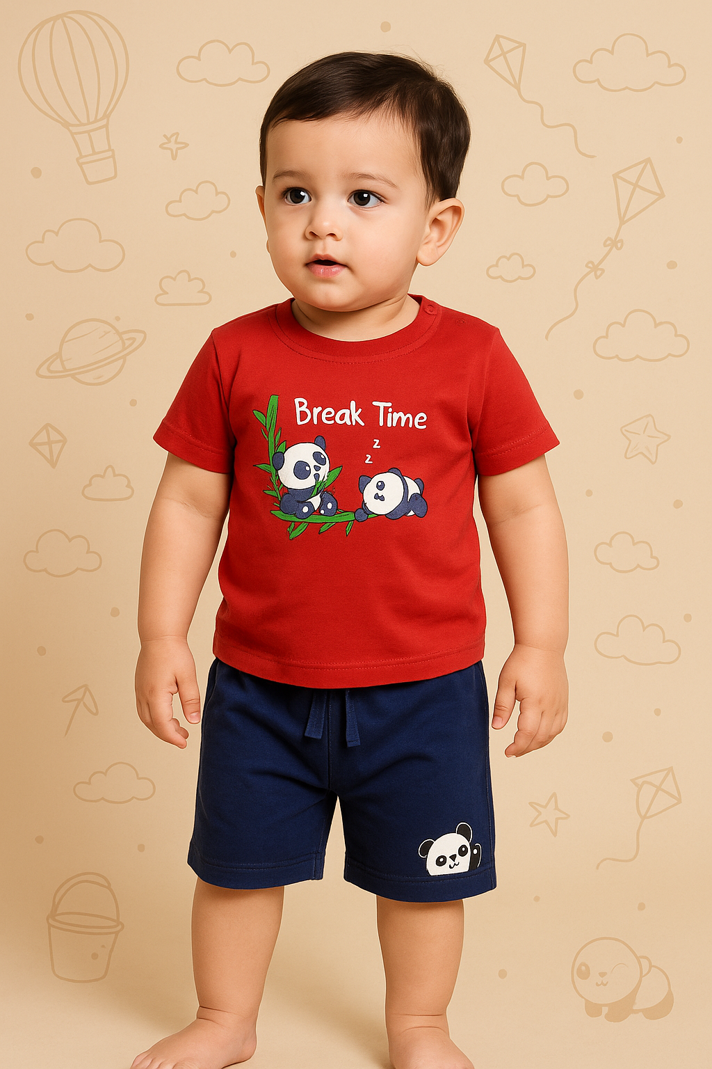 Boys Red Cotton Interlock Half Sleeve T-Shirt & Shorts Set – Panda Design