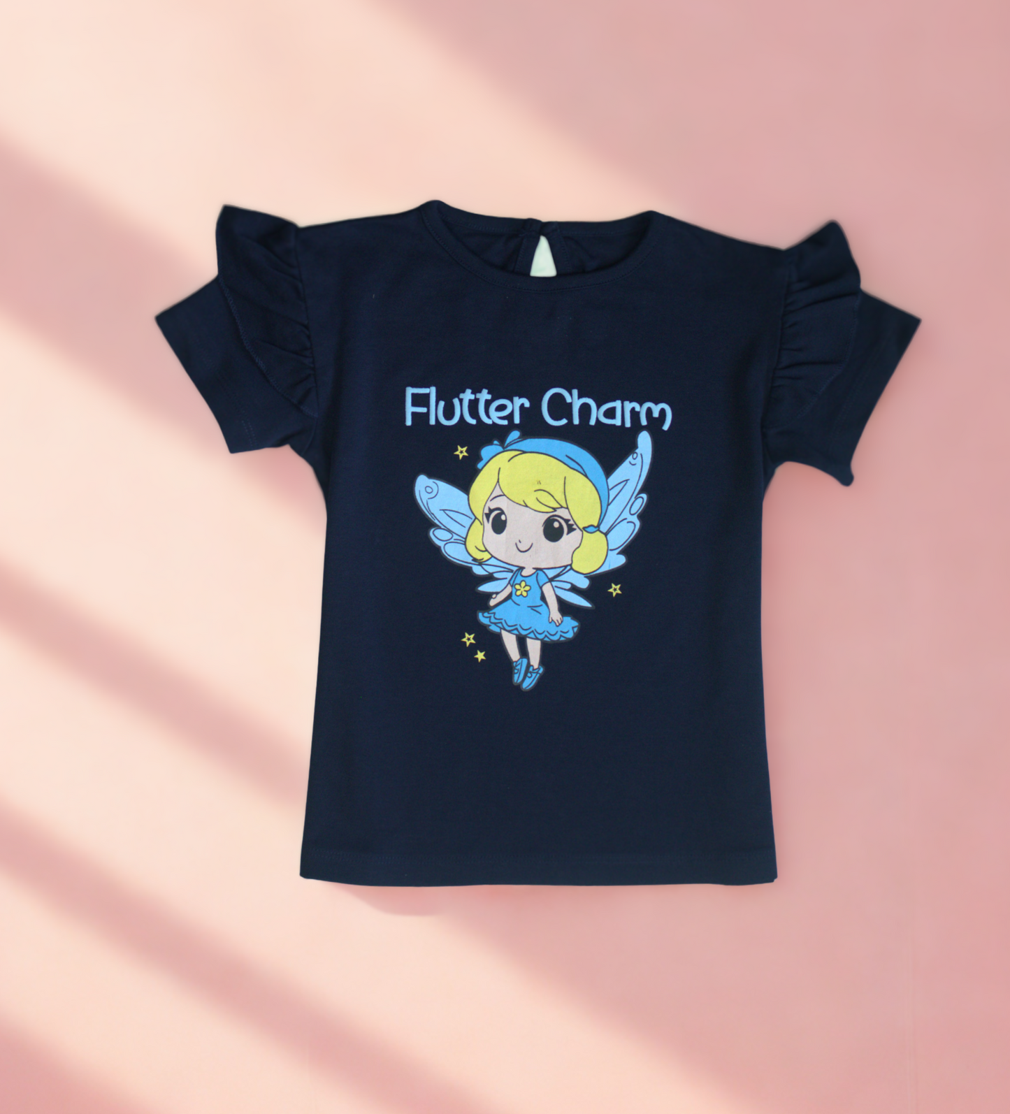 Girls Soft Cotton Interlock Ruffle Sleeve T-Shirt – Navy Blue with Floral