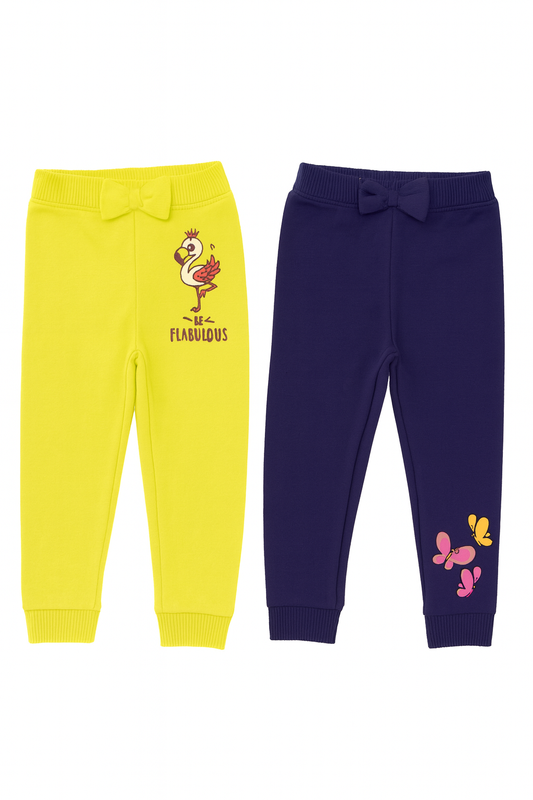 Girls Stretch Joggers Combo – Yellow & Navy Blue (Set of 2)
