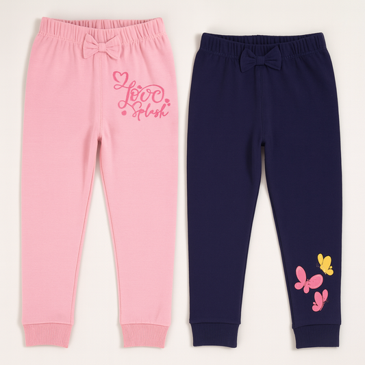 Girls Stretch Pants Combo – Light Pink & Navy Blue (Set of 2)