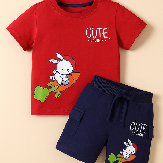 Boys Red Cotton Interlock Half Sleeve T-Shirt & Shorts Set – Rabbit Design