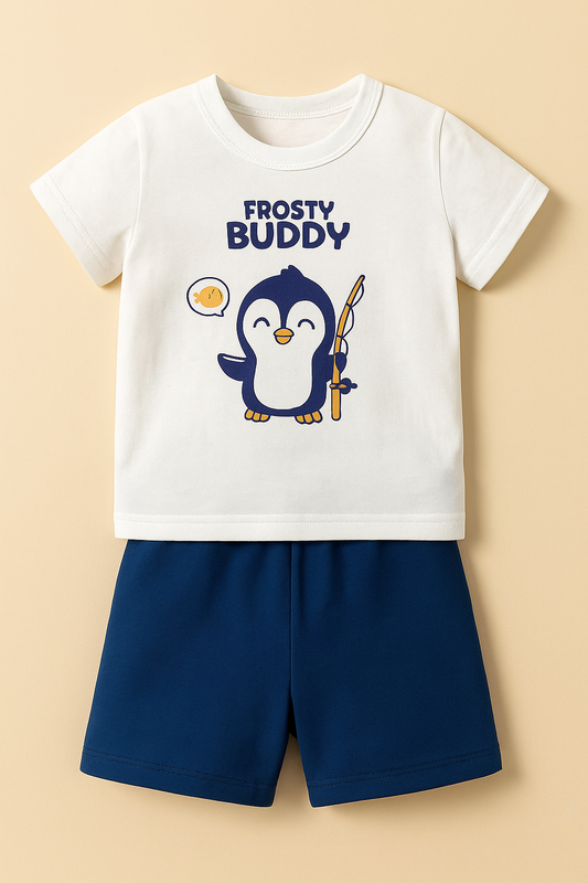 Boys White Cotton Interlock Half Sleeve T-Shirt & Shorts Set – Penguin Design