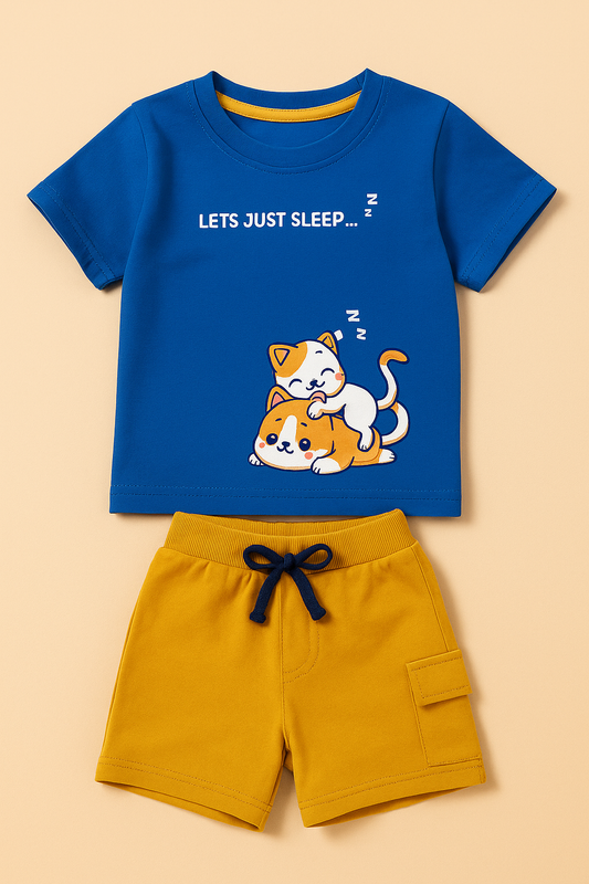 Boys Half Sleeve Cat Print Cotton T-Shirt with Flap Pocket – Blue