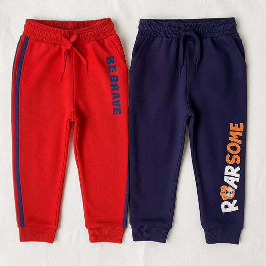 Boys Printed Pants Combo – Red & Navy Blue (Pack of 2)