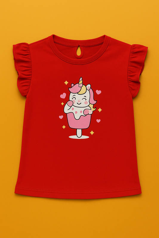 Girls Soft Cotton Interlock Frill Sleeve T-Shirt – Red with Unicorn Graphic