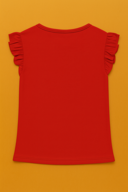 Girls Soft Cotton Interlock Frill Sleeve T-Shirt – Red with Unicorn Graphic