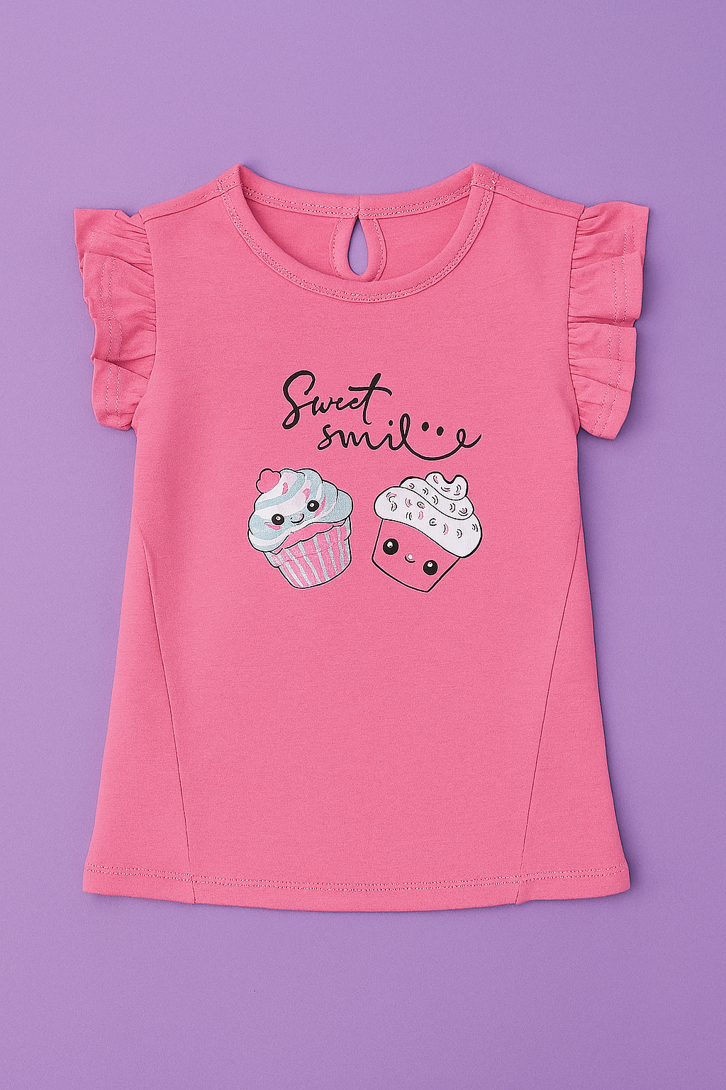 Girls Soft Cotton Interlock Frill Sleeve T-Shirt – Pink with Ice Cream Graphic