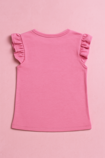 Girls Soft Cotton Interlock Frill Sleeve T-Shirt – Pink with Ice Cream Graphic