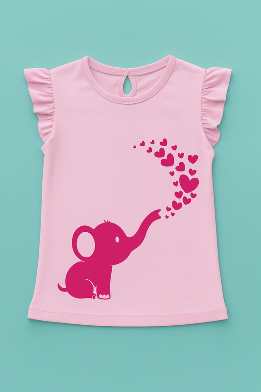 Girls Soft Cotton Interlock Frill Sleeve T-Shirt – Light Pink with Elephant Graphic