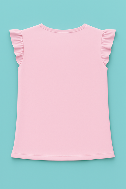Girls Soft Cotton Interlock Frill Sleeve T-Shirt – Light Pink with Elephant Graphic
