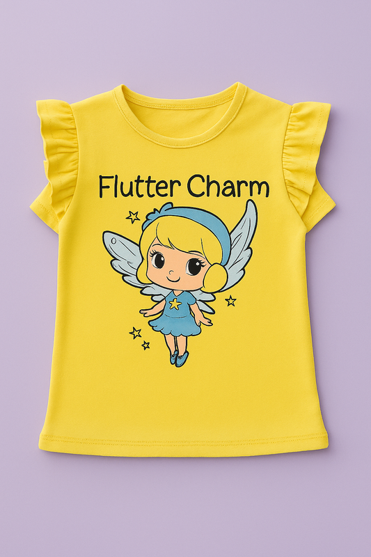 Girls Soft Cotton Interlock Puff Sleeve T-Shirt – Yellow with Unicorn Graphic