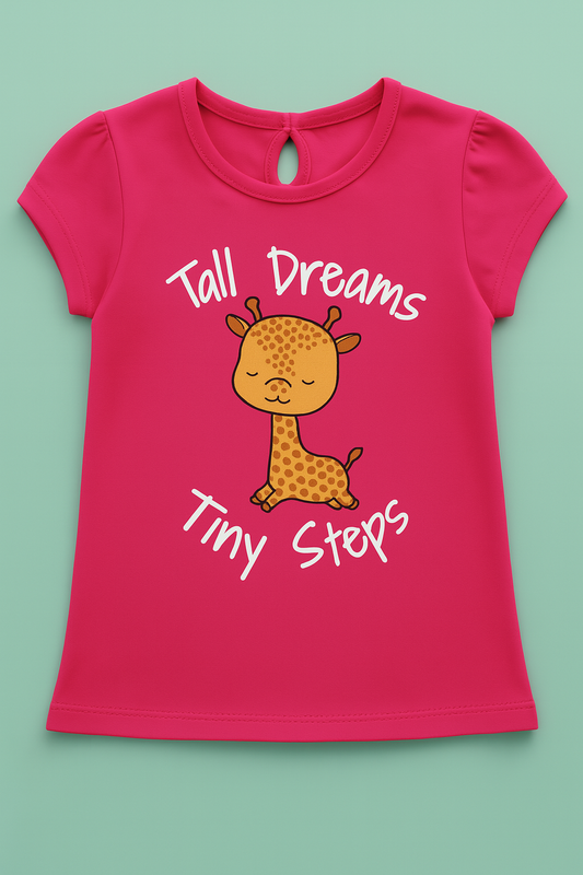 Girls Soft Cotton Interlock Puff Sleeve T-Shirt – Pink with Giraffe Graphic