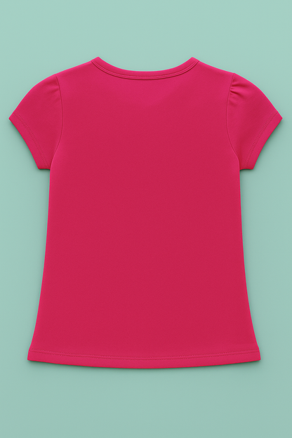 Girls Soft Cotton Interlock Puff Sleeve T-Shirt – Pink with Giraffe Graphic