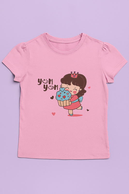 Girls Soft Cotton Interlock Puff Sleeve T-Shirt – Light Pink with Dessert & Girl Graphic