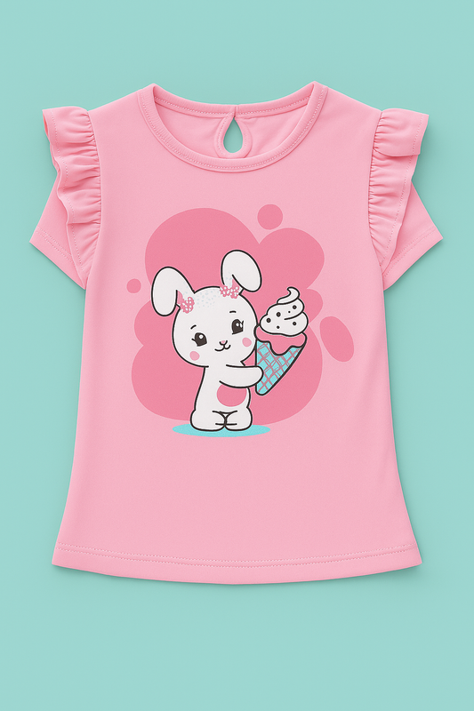 Girls Soft Cotton Interlock Ruffle Sleeve T-Shirt – Light Pink with Bunny Graphic