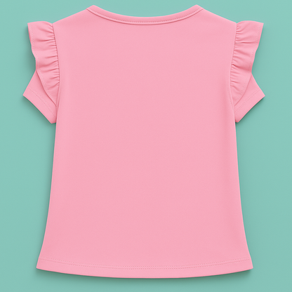 Girls Soft Cotton Interlock Ruffle Sleeve T-Shirt – Light Pink with Bunny Graphic