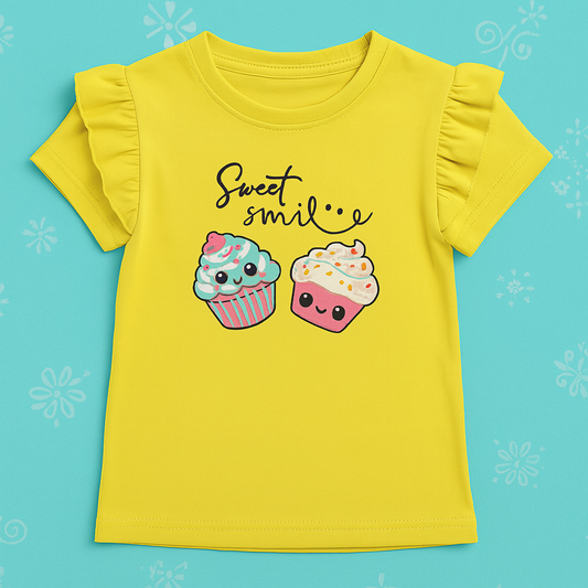 Girls Soft Cotton Interlock Ruffle Sleeve T-Shirt – Yellow with Dessert Graphic