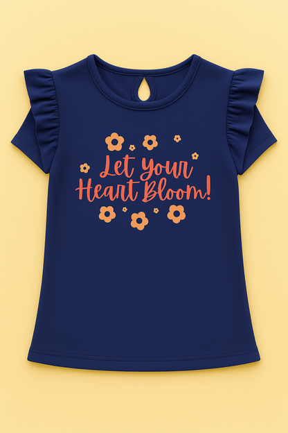 Girls Soft Cotton Interlock Ruffle Sleeve T-Shirt – Navy Blue with Floral