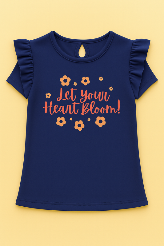 Girls Soft Cotton Interlock Ruffle Sleeve T-Shirt – Navy Blue with Floral