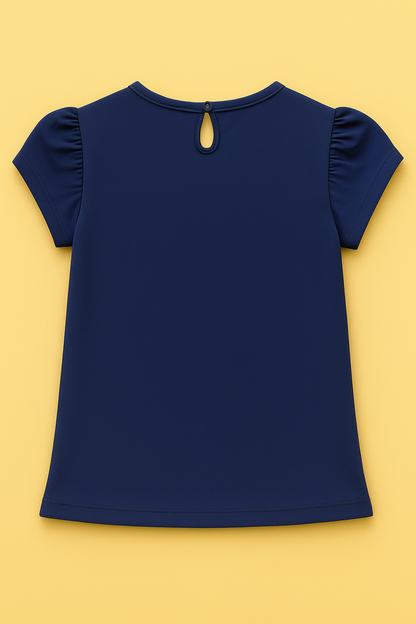 Girls Soft Cotton Interlock Ruffle Sleeve T-Shirt – Navy Blue with Floral