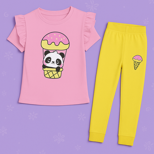 Girls Light Pink & Yellow Cotton Interlock Ruffle Sleeve T-Shirt & Pant Set – Panda Bear Design