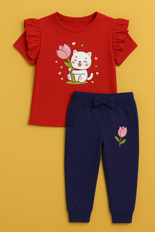 Girls Red & Blue Cotton Interlock Ruffle Sleeve T-Shirt & Pant Set – Cat Design