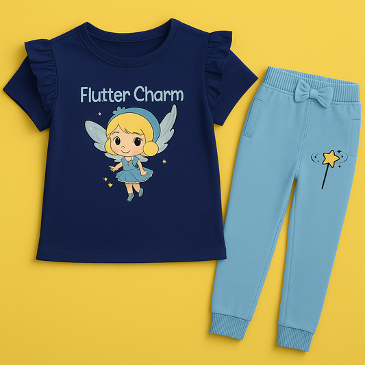 Girls Navy Blue & Light Blue Cotton Interlock Ruffle Sleeve T-Shirt & Pant Set – Fairy Design