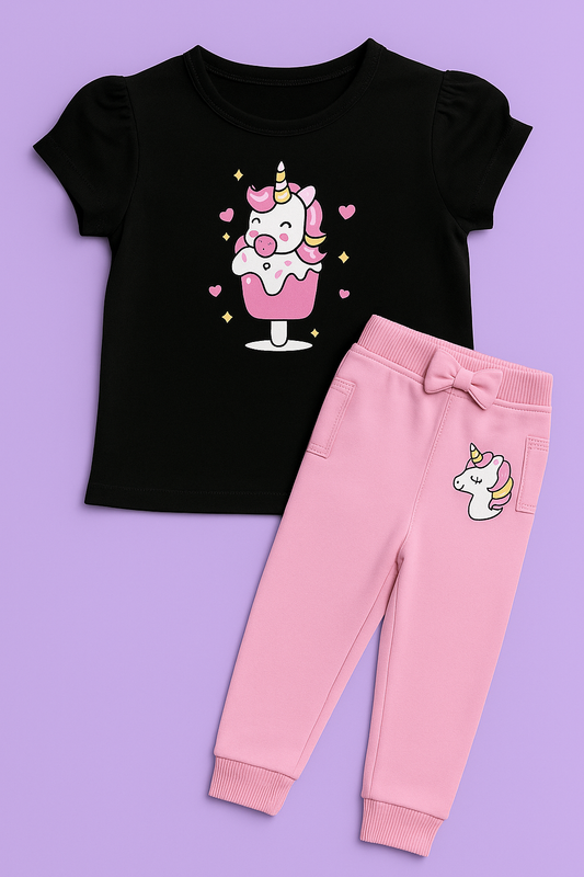 Girls Light Pink & Black Cotton Interlock Frill Sleeve T-Shirt & Pant Set – Unicorn Design