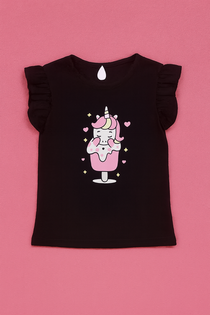 Girls Light Pink & Black Cotton Interlock Frill Sleeve T-Shirt & Pant Set – Unicorn Design