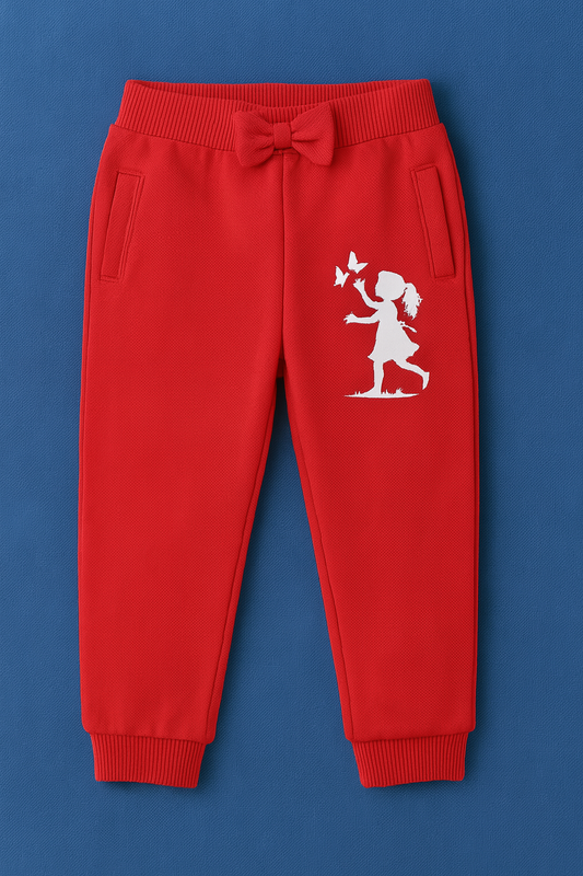 Girls Soft Loopknit Cotton Joggers – Red with Kids & Butterfly Graphic