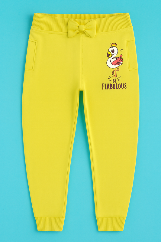 Girls Soft Loopknit Cotton Joggers – Yellow with Flamingo Graphic