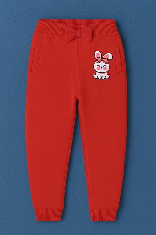 Girls Soft Loopknit Cotton Joggers – Red with Bunny Graphic