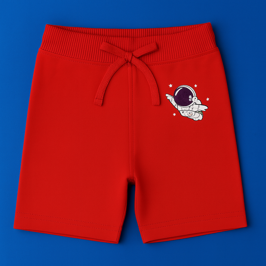 Boys Soft Cotton Knit Shorts – Red with Astronaut Graphic