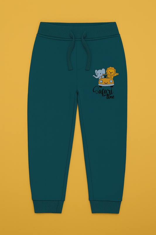 Boys Soft Cotton Joggers – Green with Animal Graphic